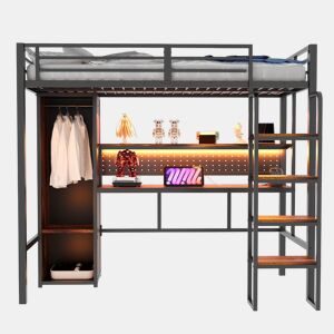 Cama alta metálica 90x200 - secretária, armário, LED e estante - preto