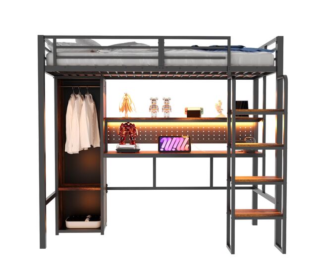 Cama alta metálica 90x200 - escritorio, armario, led y estantería - negro