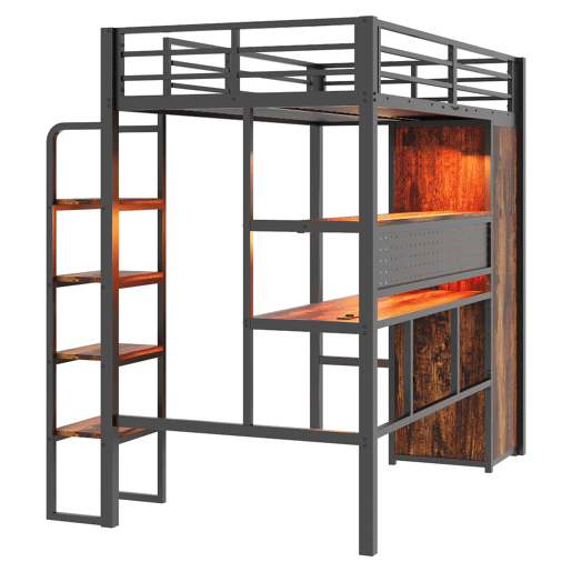 Cama alta metálica 90x200 - secretária, armário, LED e estante - preto