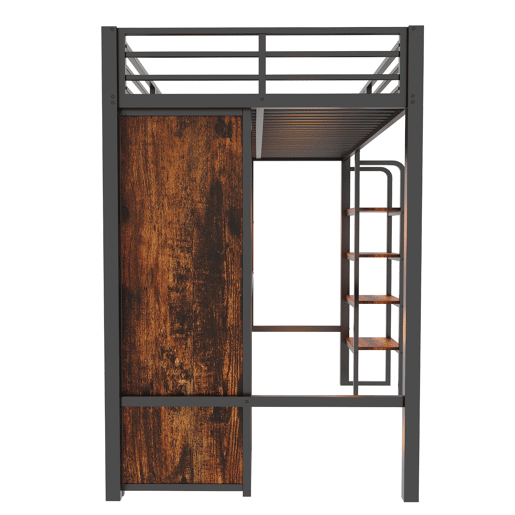 Cama alta metálica 90x200 - secretária, armário, LED e estante - preto