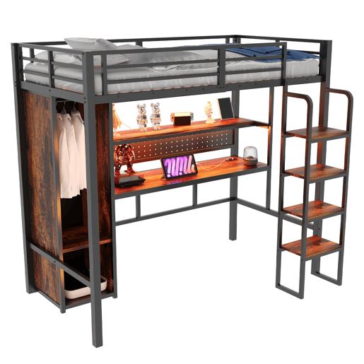 Cama alta metálica 90x200 - secretária, armário, LED e estante - preto