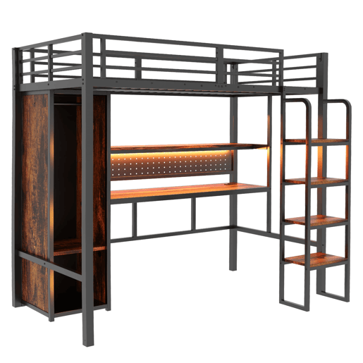 Cama alta metálica 90x200 - secretária, armário, LED e estante - preto