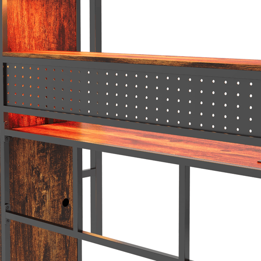 Cama alta metálica 90x200 - secretária, armário, LED e estante - preto