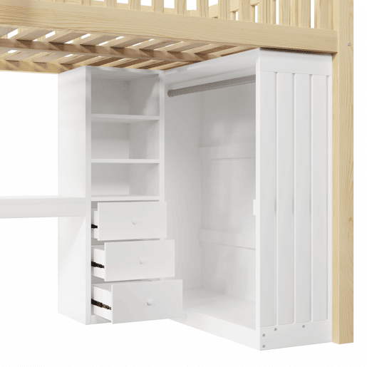 Cama alta 140x200 cm - Secretária, armário, 3 gavetas, arrumação, grade, escada - Natural