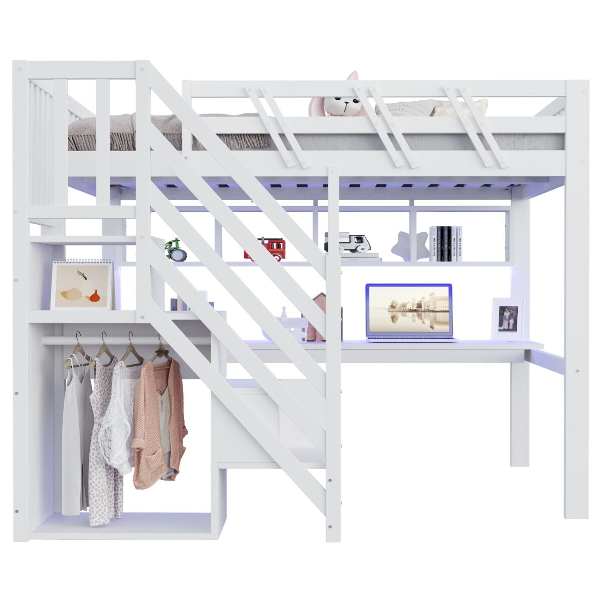 Cama alta 140x200 - escritorio, escalera con almacenamiento, led y usb - blanco