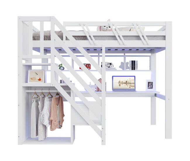 Cama alta 140x200 - escritorio, escalera con almacenamiento, led y usb - blanco