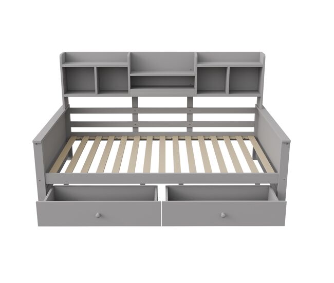 Sofá cama 90x200 - con cajones y estantes, somier, cama individual juvenil - gris