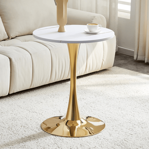 Mesa auxiliar redonda 60 cm - MDF termoformado, pé de apoio dourado - Branco+Dourado