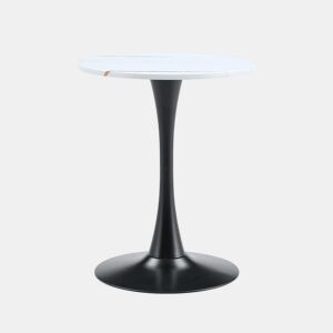 Mesa auxiliar redonda 60 cm - MDF, termoformada, pé preto - branco veios