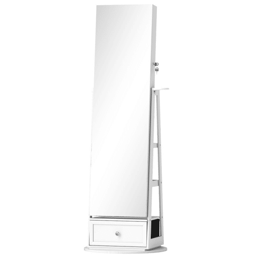 HOMCOM Armário de Joias com Espelho e Luzes LED, Armário de Pé para Joias com Espelho de Corpo Inteiro, Suporte para Secador, Rotativo 360°, Gaveta, Fechadura, Prateleiras Abertas, Branco e Bege
