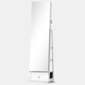 HOMCOM Armário de Joias com Espelho e Luzes LED, Armário de Pé para Joias com Espelho de Corpo Inteiro, Suporte para Secador, Rotativo 360°, Gaveta, Fechadura, Prateleiras Abertas, Branco e Bege