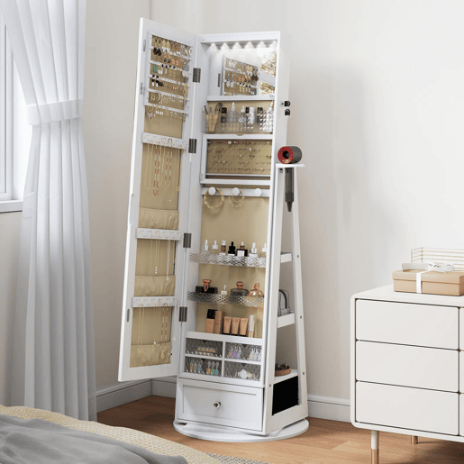 HOMCOM Armário de Joias com Espelho e Luzes LED, Armário de Pé para Joias com Espelho de Corpo Inteiro, Suporte para Secador, Rotativo 360°, Gaveta, Fechadura, Prateleiras Abertas, Branco e Bege