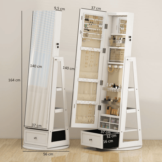 HOMCOM Armário de Joias com Espelho e Luzes LED, Armário de Pé para Joias com Espelho de Corpo Inteiro, Suporte para Secador, Rotativo 360°, Gaveta, Fechadura, Prateleiras Abertas, Branco e Bege