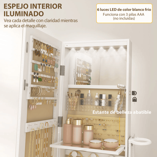 HOMCOM Armário de Joias com Espelho e Luzes LED, Armário de Pé para Joias com Espelho de Corpo Inteiro, Suporte para Secador, Rotativo 360°, Gaveta, Fechadura, Prateleiras Abertas, Branco e Bege