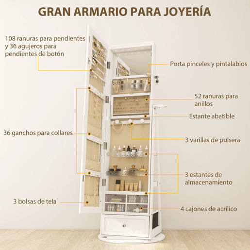 HOMCOM Armário de Joias com Espelho e Luzes LED, Armário de Pé para Joias com Espelho de Corpo Inteiro, Suporte para Secador, Rotativo 360°, Gaveta, Fechadura, Prateleiras Abertas, Branco e Bege