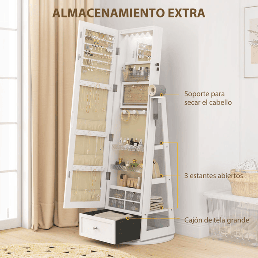 HOMCOM Armário de Joias com Espelho e Luzes LED, Armário de Pé para Joias com Espelho de Corpo Inteiro, Suporte para Secador, Rotativo 360°, Gaveta, Fechadura, Prateleiras Abertas, Branco e Bege