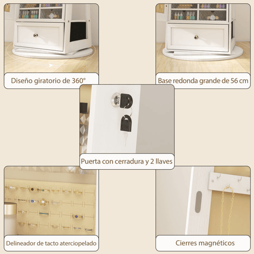 HOMCOM Armário de Joias com Espelho e Luzes LED, Armário de Pé para Joias com Espelho de Corpo Inteiro, Suporte para Secador, Rotativo 360°, Gaveta, Fechadura, Prateleiras Abertas, Branco e Bege