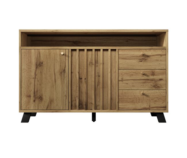 Aparador 120x40x85 cm - 3 cajones, 2 puertas, estante abierto, estilo vintage - roble oscuro