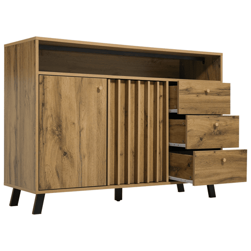 Aparador 120x40x85 cm - 3 gavetas, 2 portas, prateleira aberta, estilo vintage - Carvalho escuro