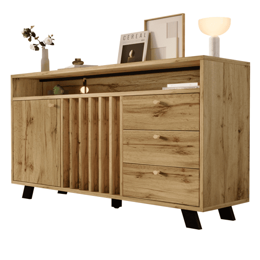 Aparador 120x40x85 cm - 3 gavetas, 2 portas, prateleira aberta, estilo vintage - Carvalho escuro
