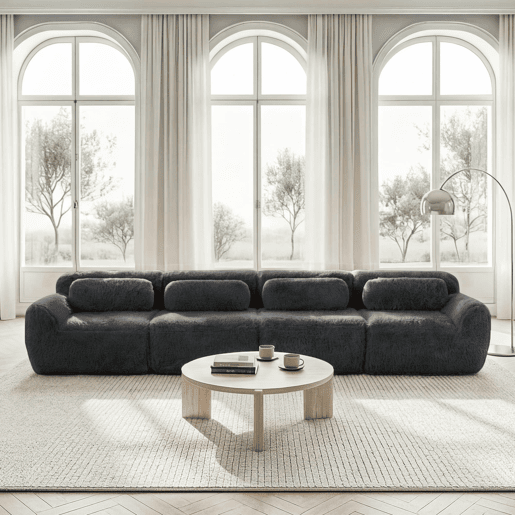 Sofá de 4 lugares - Tecido Premium Plüschstoff, modular, base antiderrapante, com almofadas - Cinza