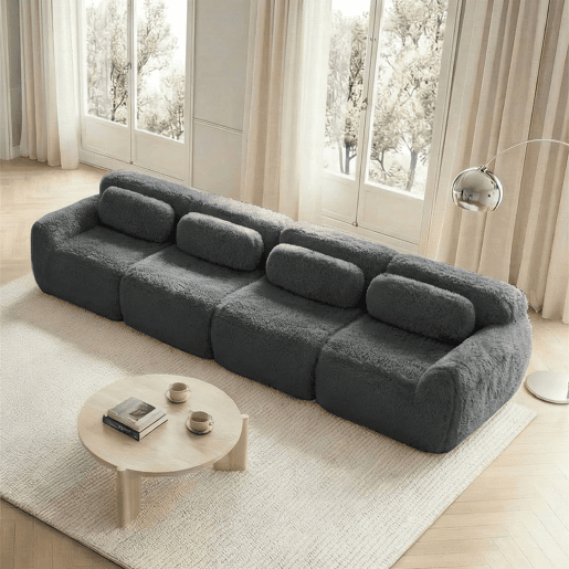 Sofá de 4 lugares - Tecido Premium Plüschstoff, modular, base antiderrapante, com almofadas - Cinza