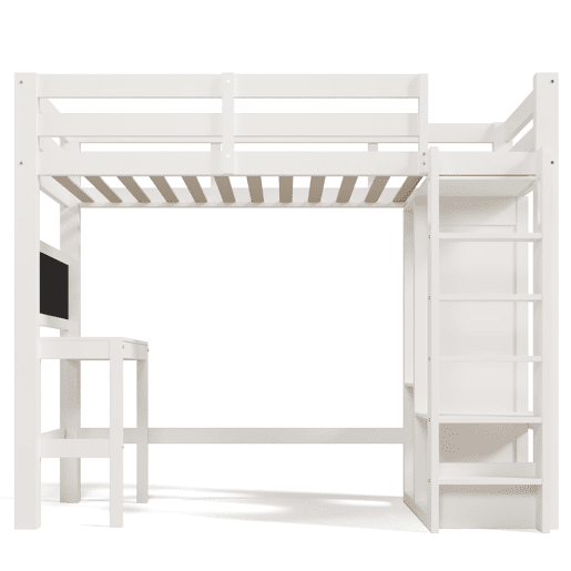 Cama individual alta 90x200 - secretária, armário aberto e prateleiras, com proteção - branco