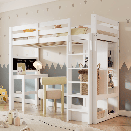 Cama individual alta 90x200 - secretária, armário aberto e prateleiras, com proteção - branco