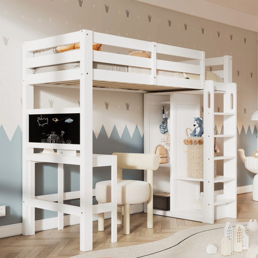 Cama individual alta 90x200 - secretária, armário aberto e prateleiras, com proteção - branco