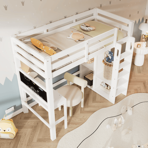 Cama individual alta 90x200 - secretária, armário aberto e prateleiras, com proteção - branco