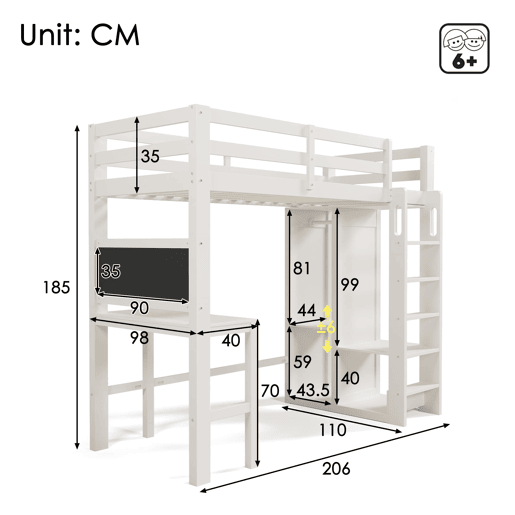 Cama individual alta 90x200 - secretária, armário aberto e prateleiras, com proteção - branco