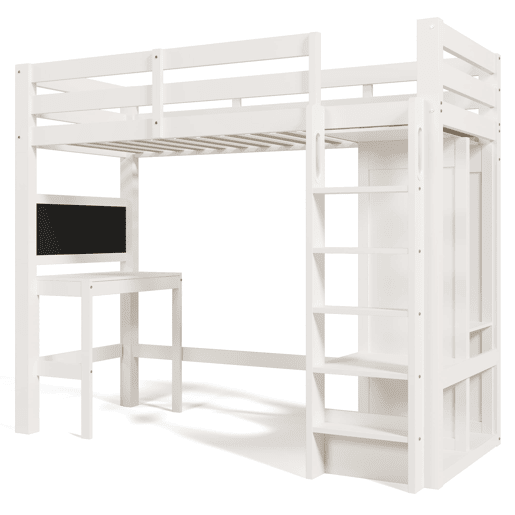 Cama individual alta 90x200 - secretária, armário aberto e prateleiras, com proteção - branco