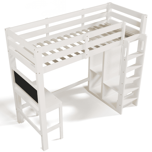 Cama individual alta 90x200 - secretária, armário aberto e prateleiras, com proteção - branco