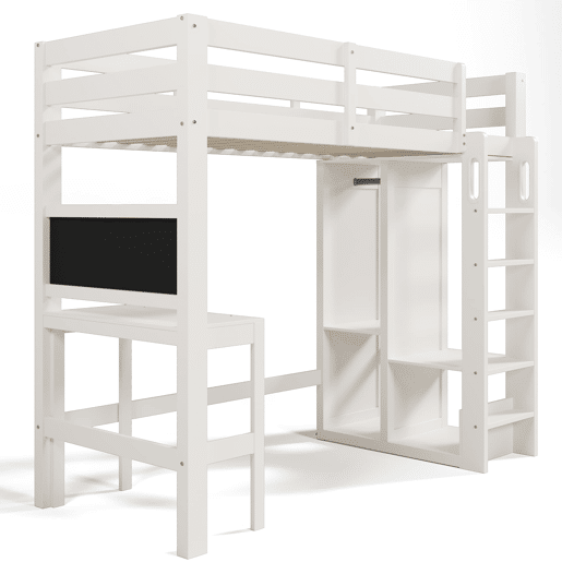 Cama individual alta 90x200 - secretária, armário aberto e prateleiras, com proteção - branco