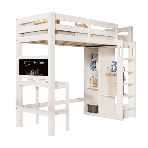 Cama individual alta 90x200 - secretária, armário aberto e prateleiras, com proteção - branco