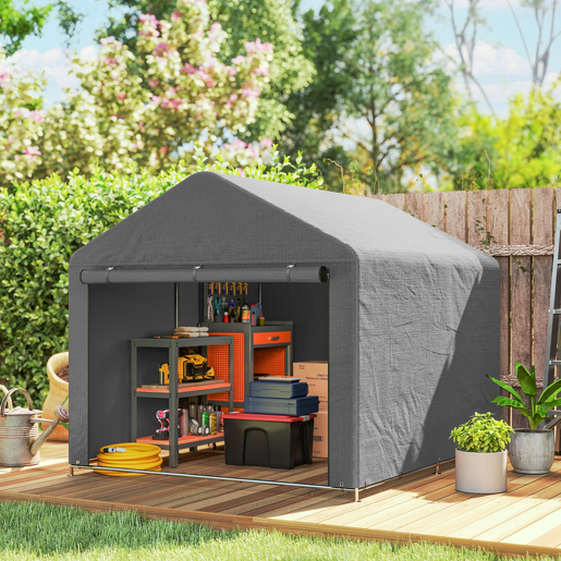 Outsunny Tenda de Jardim Exterior para Ferramentas e Bicicletas 2,4x2x2 m Abrigo Exterior com Estrutura de Metal Galvanizado Porta Enrolável com Fecho Impermeável UV30+ Garagem Portátil Cinzento