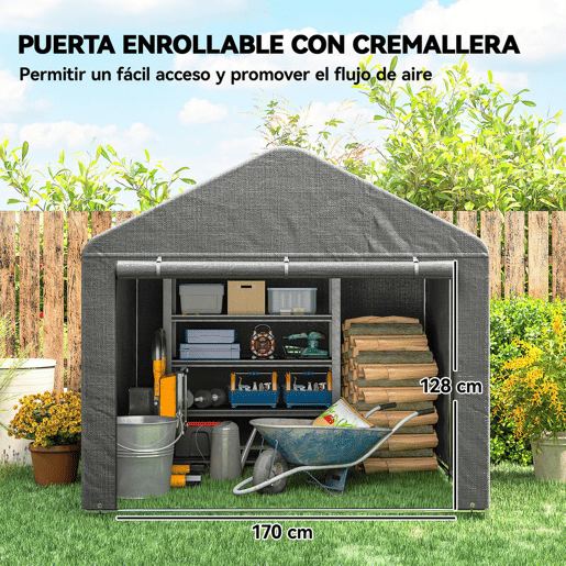 Outsunny Tenda de Jardim Exterior para Ferramentas e Bicicletas 2,4x2x2 m Abrigo Exterior com Estrutura de Metal Galvanizado Porta Enrolável com Fecho Impermeável UV30+ Garagem Portátil Cinzento