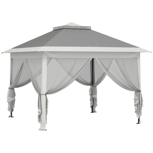 Outsunny Tenda Dobrável 3,3x3,3 m Pop-Up, Pérgola de Jardim com Altura Ajustável (3 Níveis), Teto Duplo, 4 Mosquiteiros Removíveis e Bolsa de Transporte, Impermeável, Anti-UV para Exterior, Cinzento Escuro