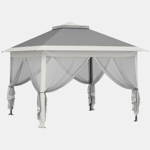 Outsunny Tenda Dobrável 3,3x3,3 m Pop-Up, Pérgola de Jardim com Altura Ajustável (3 Níveis), Teto Duplo, 4 Mosquiteiros Removíveis e Bolsa de Transporte, Impermeável, Anti-UV para Exterior, Cinzento Escuro