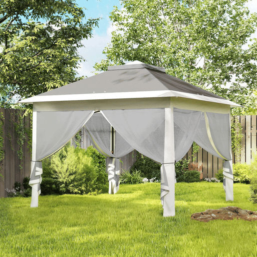 Outsunny Tenda Dobrável 3,3x3,3 m Pop-Up, Pérgola de Jardim com Altura Ajustável (3 Níveis), Teto Duplo, 4 Mosquiteiros Removíveis e Bolsa de Transporte, Impermeável, Anti-UV para Exterior, Cinzento Escuro