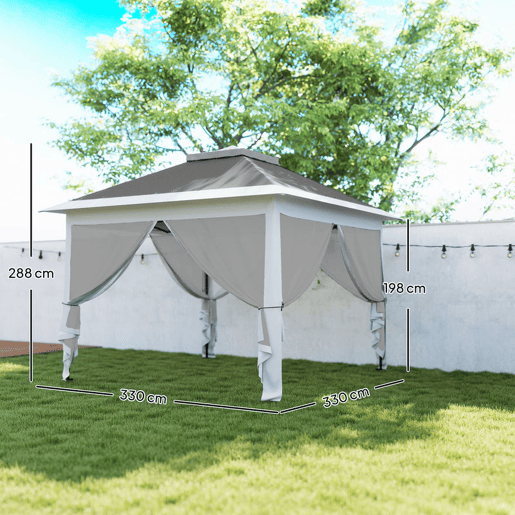 Outsunny Tenda Dobrável 3,3x3,3 m Pop-Up, Pérgola de Jardim com Altura Ajustável (3 Níveis), Teto Duplo, 4 Mosquiteiros Removíveis e Bolsa de Transporte, Impermeável, Anti-UV para Exterior, Cinzento Escuro