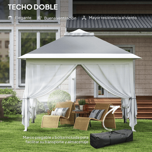 Outsunny Tenda Dobrável 3,3x3,3 m Pop-Up, Pérgola de Jardim com Altura Ajustável (3 Níveis), Teto Duplo, 4 Mosquiteiros Removíveis e Bolsa de Transporte, Impermeável, Anti-UV para Exterior, Cinzento Escuro