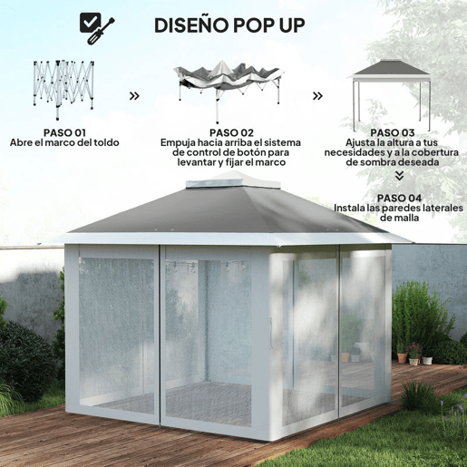 Outsunny Tenda Dobrável 3,3x3,3 m Pop-Up, Pérgola de Jardim com Altura Ajustável (3 Níveis), Teto Duplo, 4 Mosquiteiros Removíveis e Bolsa de Transporte, Impermeável, Anti-UV para Exterior, Cinzento Escuro
