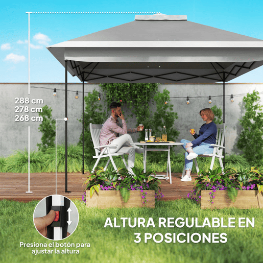 Outsunny Tenda Dobrável 3,3x3,3 m Pop-Up, Pérgola de Jardim com Altura Ajustável (3 Níveis), Teto Duplo, 4 Mosquiteiros Removíveis e Bolsa de Transporte, Impermeável, Anti-UV para Exterior, Cinzento Escuro