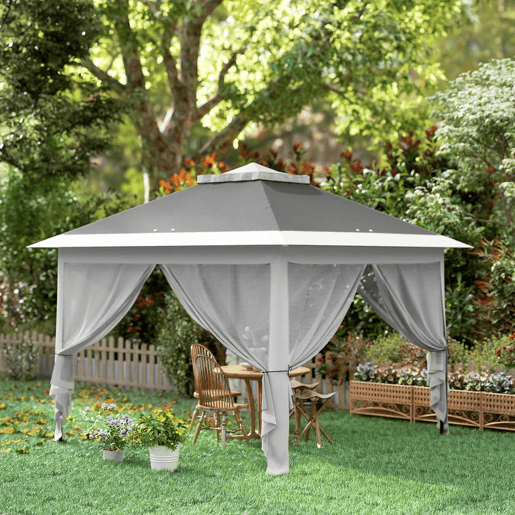 Outsunny Tenda Dobrável 3,3x3,3 m Pop-Up, Pérgola de Jardim com Altura Ajustável (3 Níveis), Teto Duplo, 4 Mosquiteiros Removíveis e Bolsa de Transporte, Impermeável, Anti-UV para Exterior, Cinzento Escuro