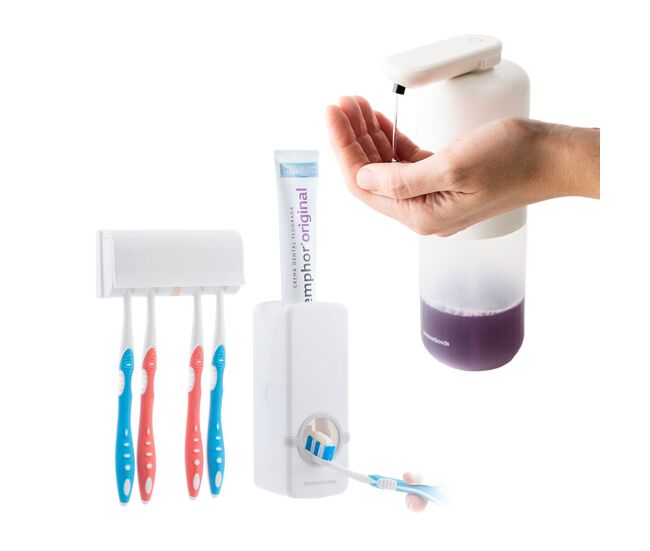 Pack dispensador de pasta dental con soporte de cepillos y dispensador de jabón automático recargable innovagoods