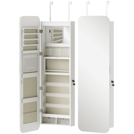 HOMCOM Espelho Joalheiro com Luz LED, Armário de Joias para Parede ou Porta, Armário com Fechadura, Espelho Inteiro sem Moldura, 2 Gavetas, Ideal para Oferta, 37x10x120 cm, Branco