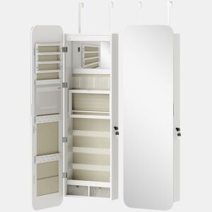 HOMCOM Espelho Joalheiro com Luz LED, Armário de Joias para Parede ou Porta, Armário com Fechadura, Espelho Inteiro sem Moldura, 2 Gavetas, Ideal para Oferta, 37x10x120 cm, Branco