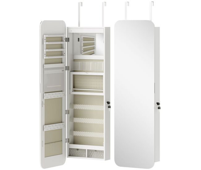 Homcom espejo joyero con luz led, armario joyero montado en la pared o en la puerta, armario para joyas con cerradura, espejo entero sin marco, 2