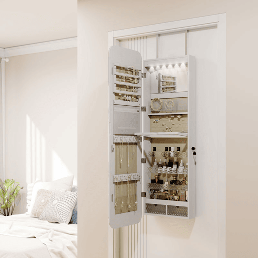 HOMCOM Espelho Joalheiro com Luz LED, Armário de Joias para Parede ou Porta, Armário com Fechadura, Espelho Inteiro sem Moldura, 2 Gavetas, Ideal para Oferta, 37x10x120 cm, Branco